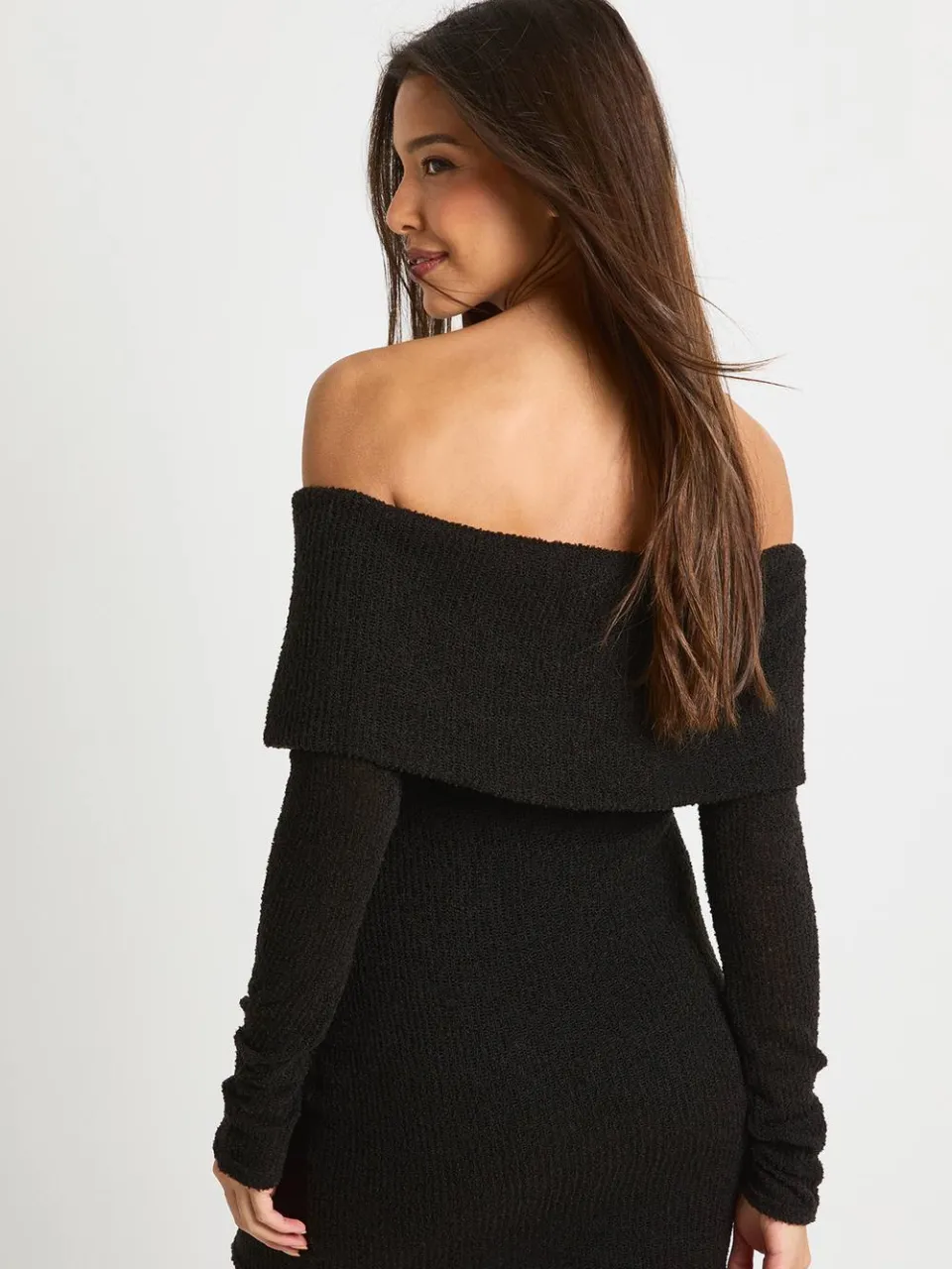 boohoo Dames Getextureerde Diepe Bardot Minijurk zwart, foto 3