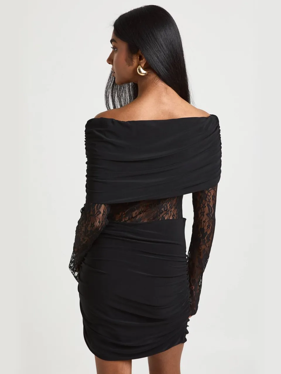 boohoo Dames Slinky Bardot Strakke Jurk met Kant Inzetstukken zwart, foto 2