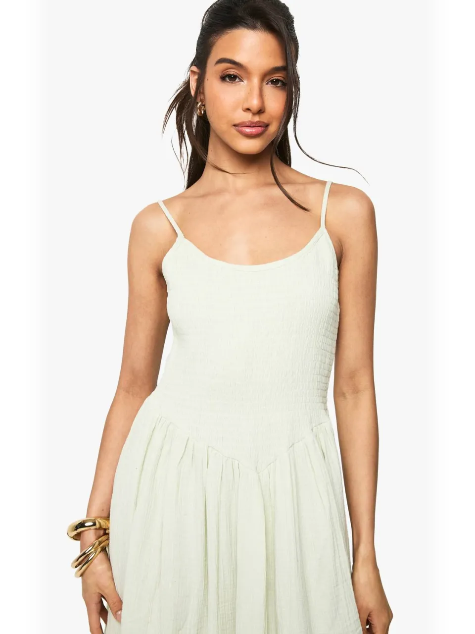 boohoo Dames Gerimpelde katoenen geraffelde maxi-jurk met bandjes mint, foto 3