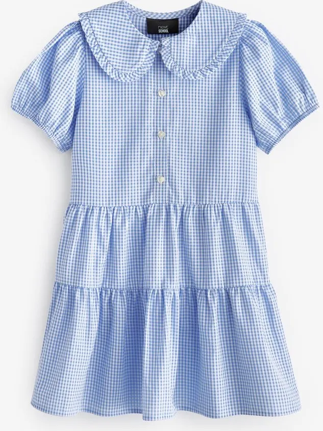 Next Meisjes - Jurk met mooie kraag, van katoenrijk naar school met gingham-ruit - Blauw Blue