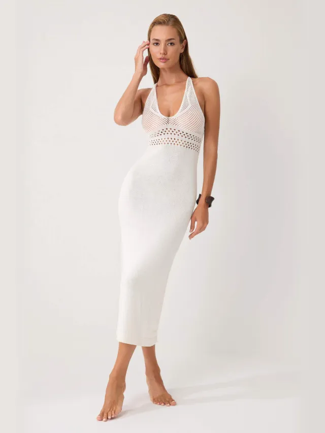 Trendyol TRENDYOLMİLLA Dames Ecru Ajour Maxi Mouwloos Strandkleding Bodycon Jurken