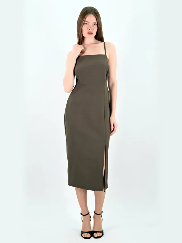 YESMOOI Elegante Midi Jurk met Spaghettibandjes - Slip Dress - Khaki - M (38)