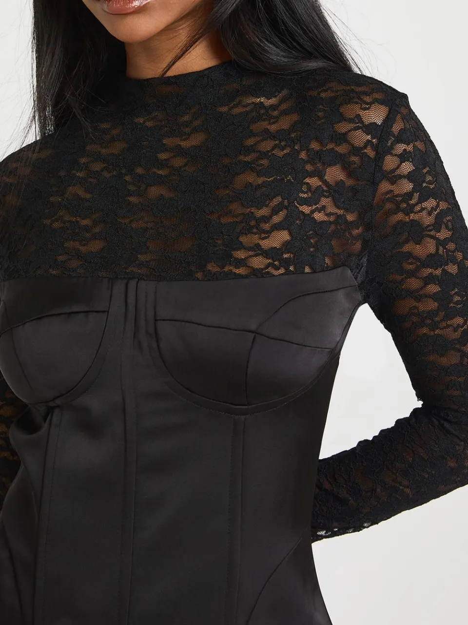 boohoo Dames Kanten Hoge Hals Korset Mini Jurk zwart, foto 4