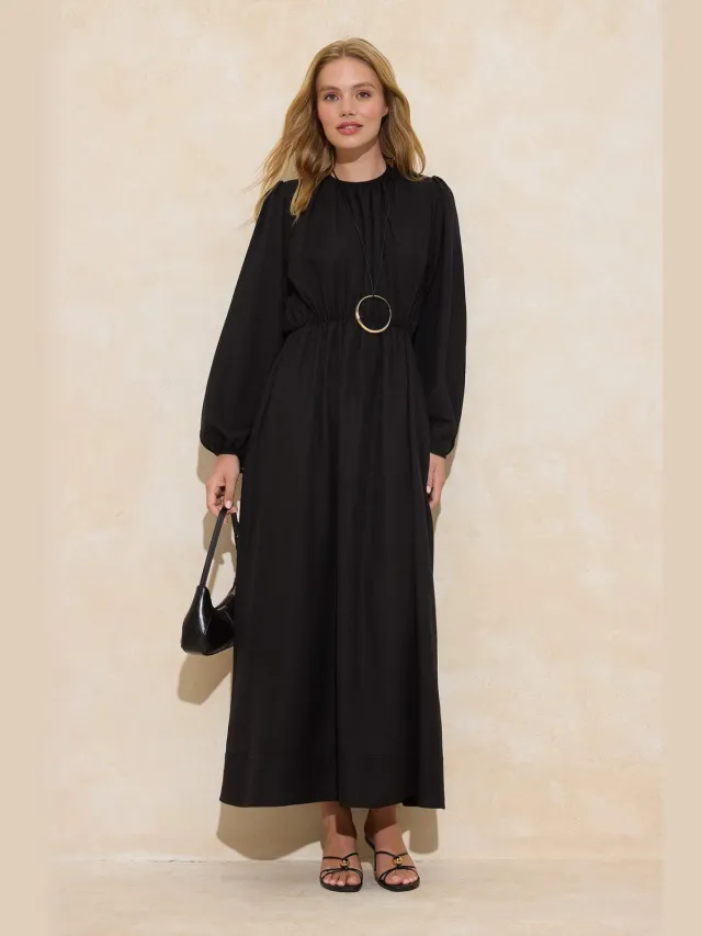 Turkishsouq Dames maxi-jurk, plat model, lang, casual/dagelijks, A-lijn model, geschikt voor hijab Zwart