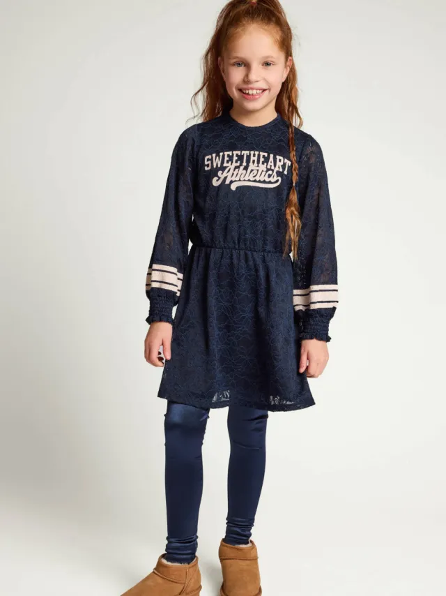 LOOXS little kanten A-lijn jurk met tekst donkerblauw