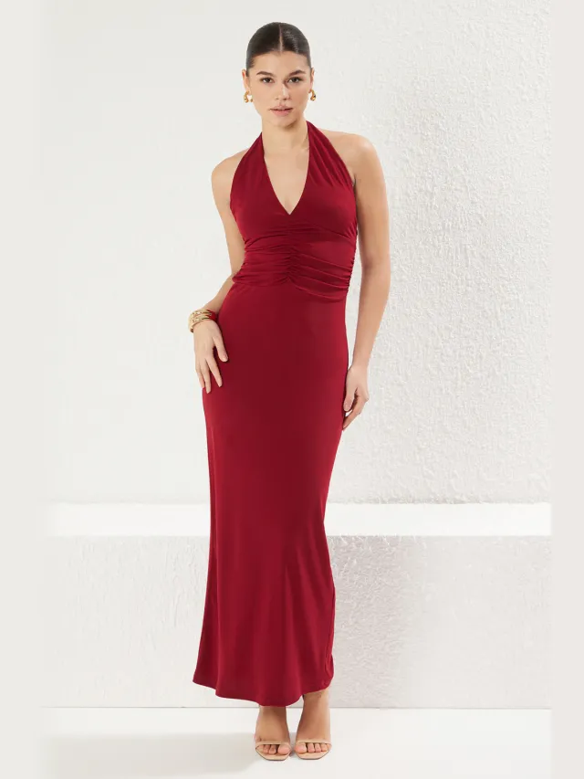 Trendyol TRENDYOLMİLLA Dames Bordeaux Effen Maxi Mouwloos Avond / Dagelijks Bodycon Jurken Bordeauxrood