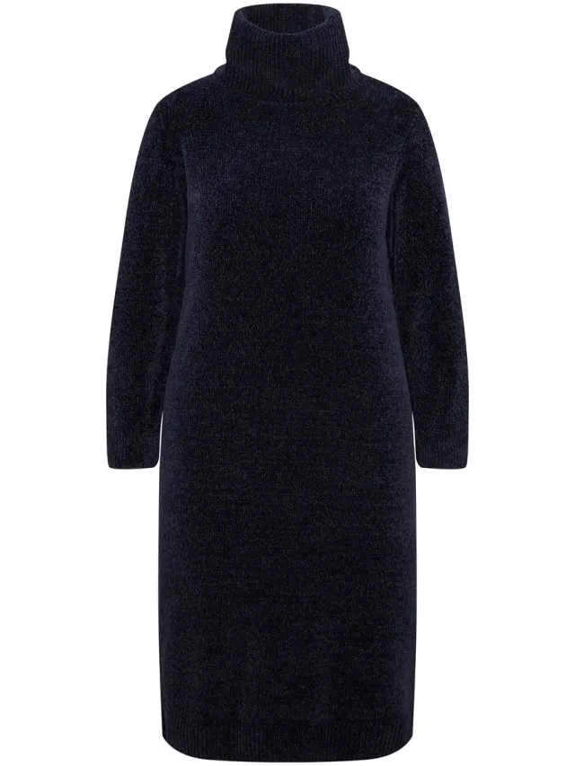Ulla Popken Dames - Chenille-jurk structuur breisel colkraag lange mouwen - Marine - Maat 50+