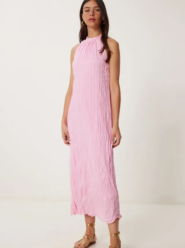 Happiness Istanbul Getextureerde Midi-jurk met Halterkraag Roze