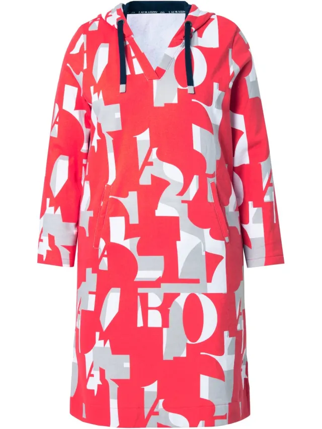 Laurasøn Dames - Sweatjurk met grafische print capuchon lange mouwen OEKO-TEX - Lichtrood - Maat 56+
