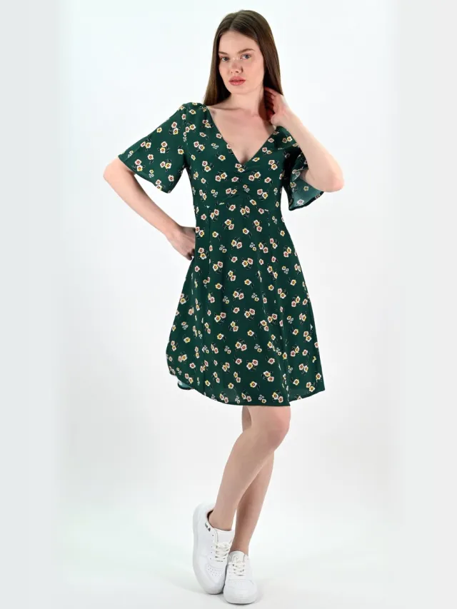 YESMOOI Mini Jurk met Bloemenprint - V-hals en Open Rug - L (40) - Donkergroen | Wit | Lichtroze | Geel Donkergroen - Geel