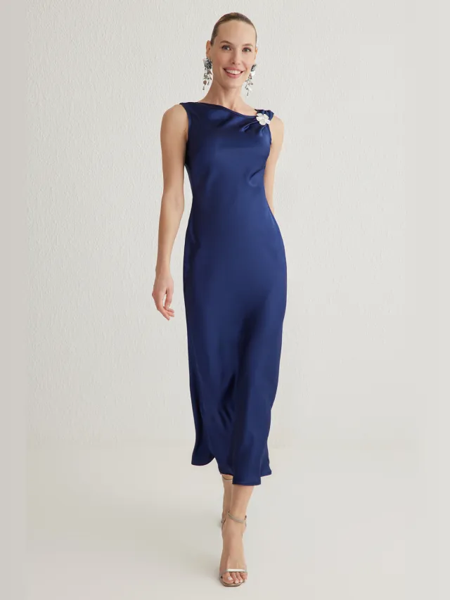 Trendyol TRENDYOLMİLLA Dames Donkerblauw Effen Maxi Mouwloos Stijlvol/Avond Recht Jurken Marineblauw/Blauw