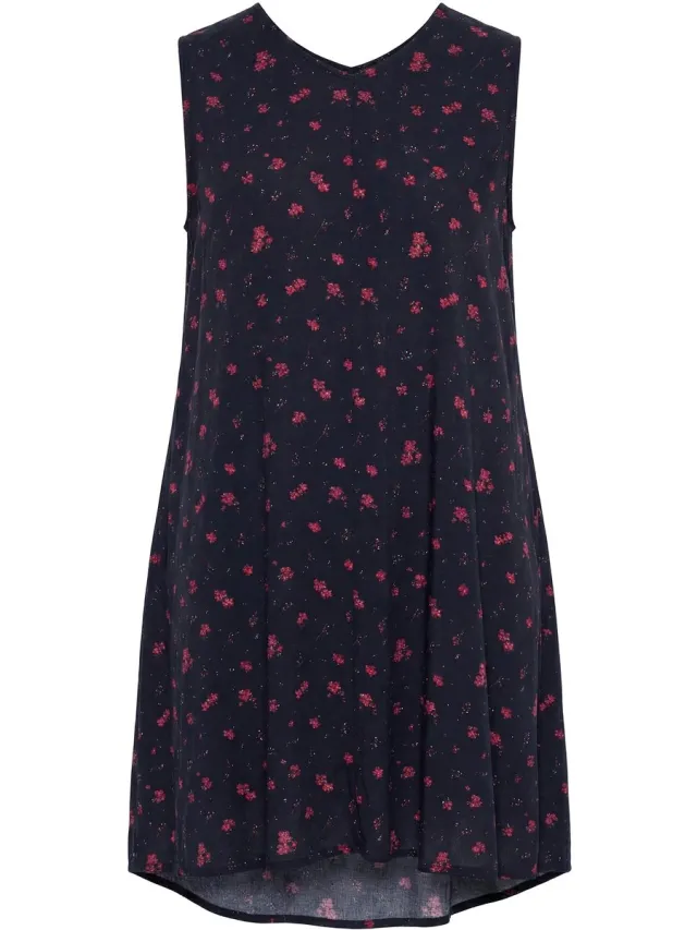 Ulla Popken Dames - Jurk bloemen A-lijn V-hals mouwloos - Zwart - Maat 62+