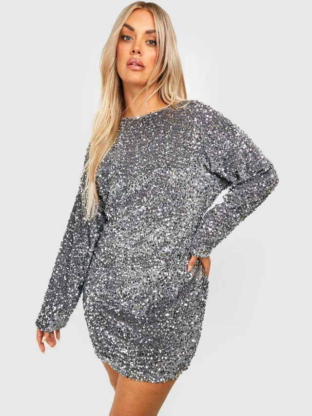boohoo Dames Plus Sequin Batwing Shift Jurk Zilver