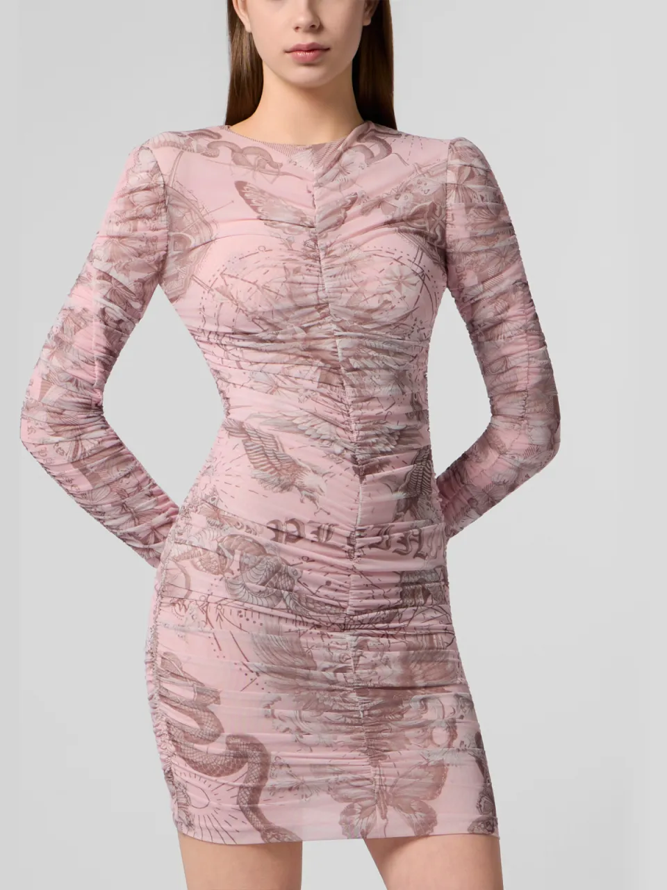 Philipp Plein Wrinkled Mini Dress Butterfly Tattoo Rosé