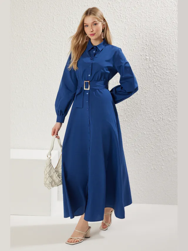 Trendyol Modest Dames Blauw Effen Maxi Lang Zakelijk Blousejurk Modest Jurken Kobaltblauw
