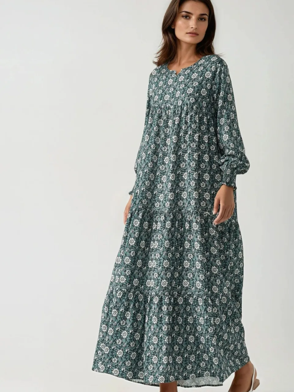 Hiccup Geprinte Crew Neck Viscose Maxi Jurk saliegroen, foto 2