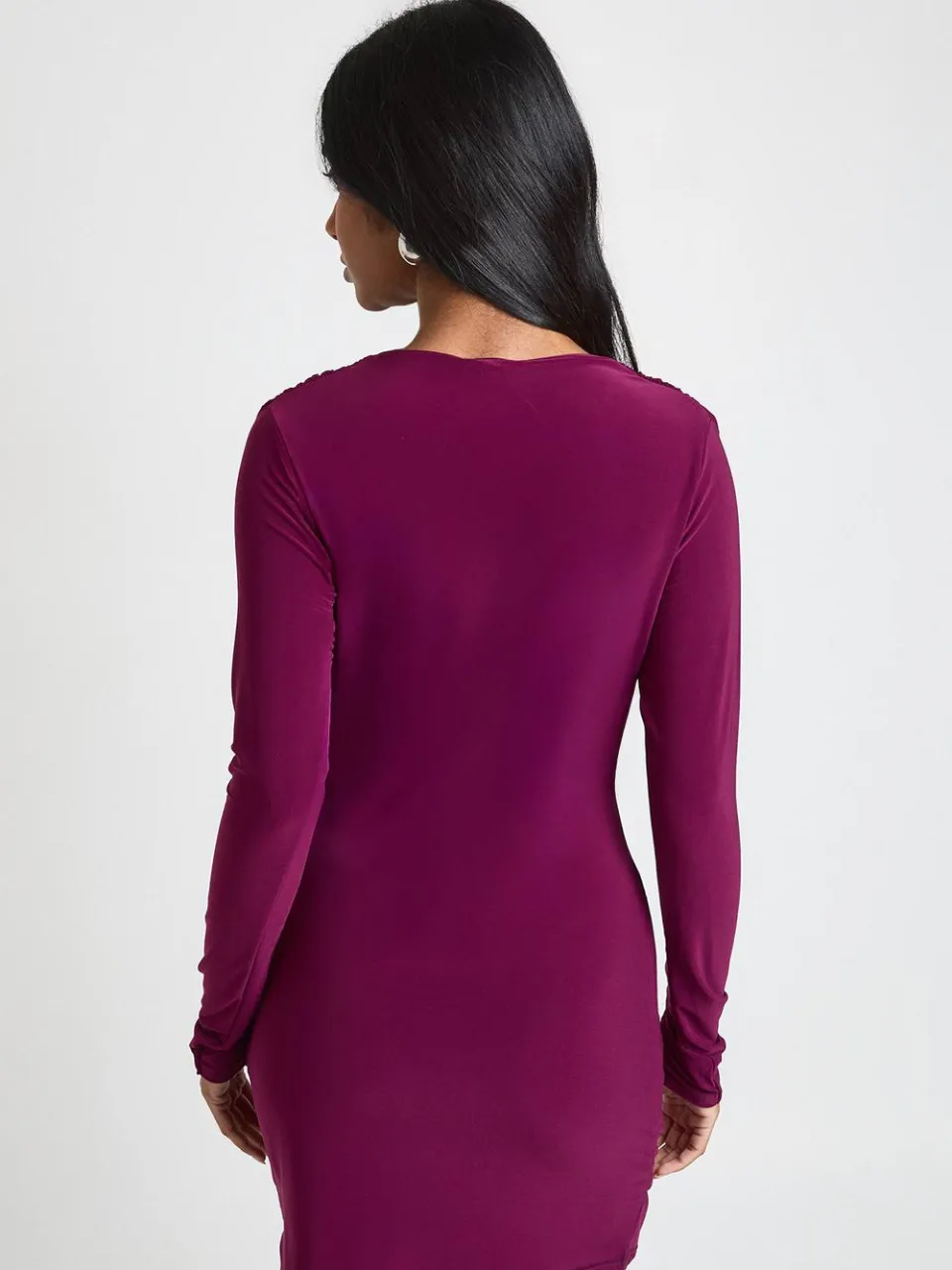 boohoo Dames Slinky Plunge Wikkel Voorkant Lange Mouw Jurk blackcurrant, foto 2