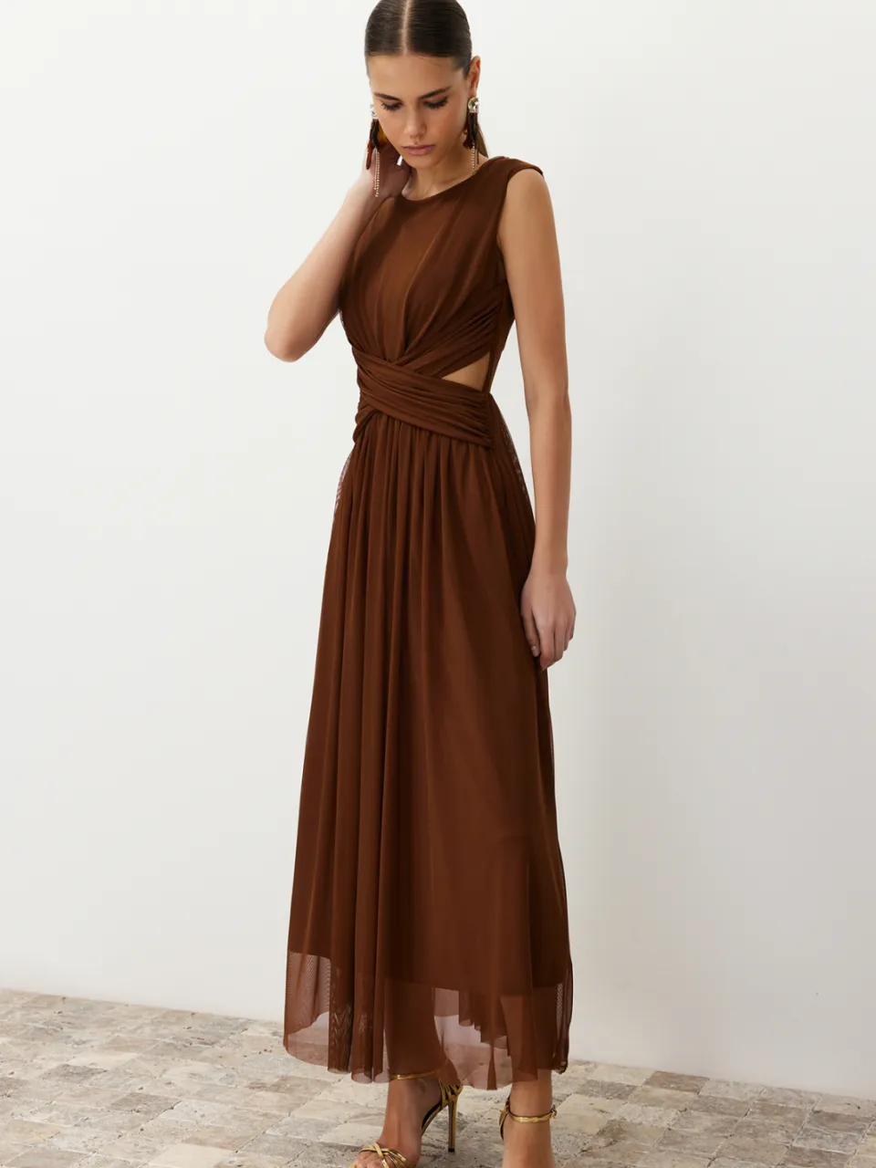 Trendyol TRENDYOLMİLLA Dames Bruin Bloemen Maxi Mouwloos Stijlvol/Avond Skater Jurken