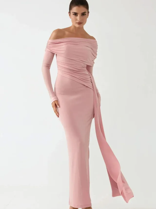 Hiccup Asymmetrische Kraag Bodycon Maxi Jurk Lichtroze
