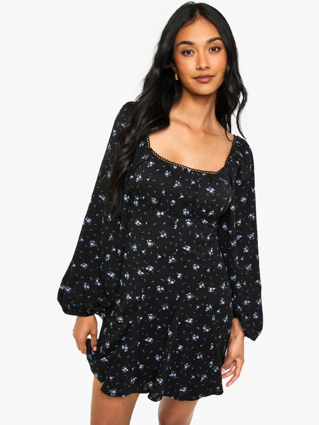 boohoo Dames Bloemige melkmeid-godetzoom lange mouw mini-jurk Zwart