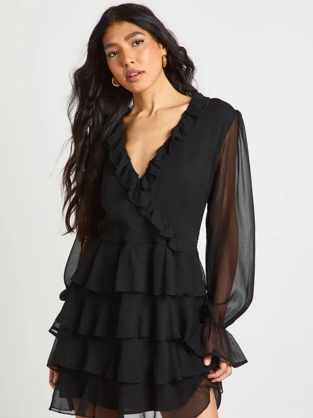 boohoo Dames Tall Chiffon Mini Jurk met Ruffle Details Zwart