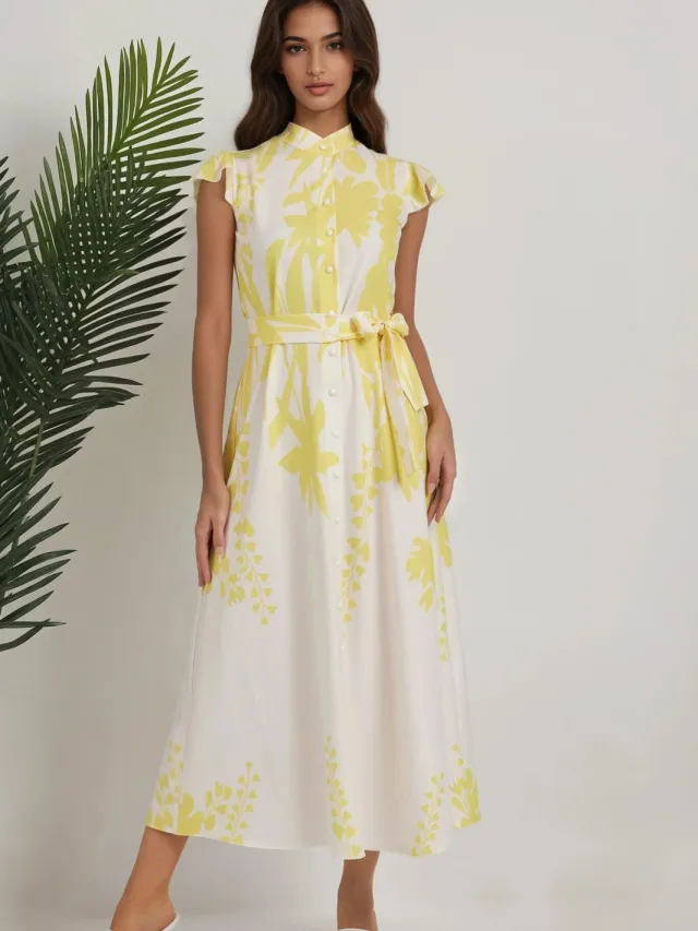 Hiccup Floral Tippet Maxi Jurk Geel