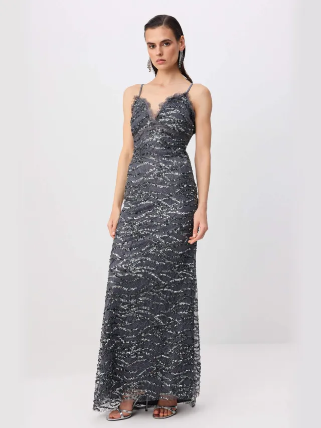 Trendyol TRENDYOLMİLLA Dames Grijs Effen Maxi Mouwloos A-lijn Avond & Gala Jurk