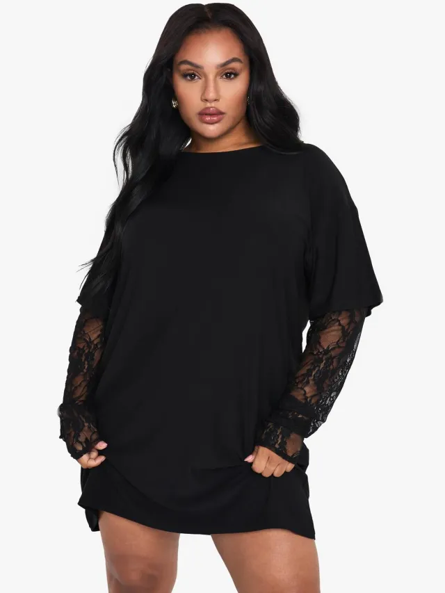 boohoo Dames Plus kanten mouw oversized T-shirt jurk Zwart