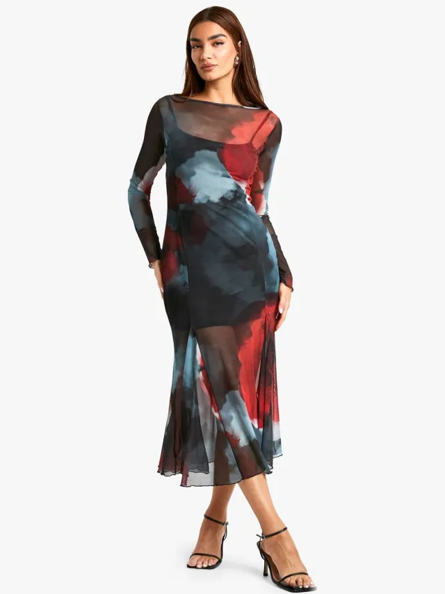 boohoo Dames Slash Neck Floral Mesh Print Godet Hem Midaxi-jurk Grijs