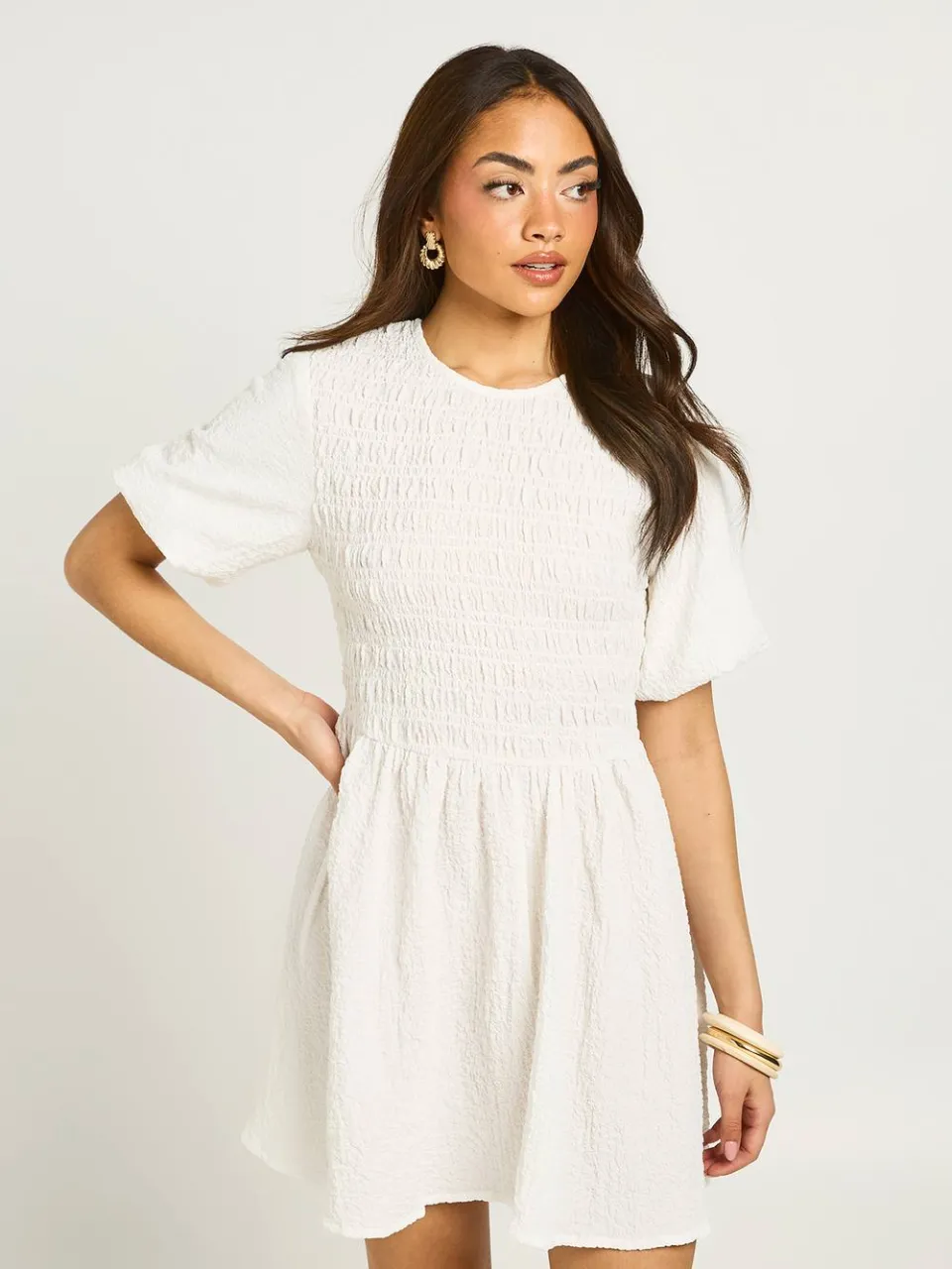 boohoo Dames Gestructureerde Mini-jurk Met Volumineuze Mouwen ivoor, foto 3