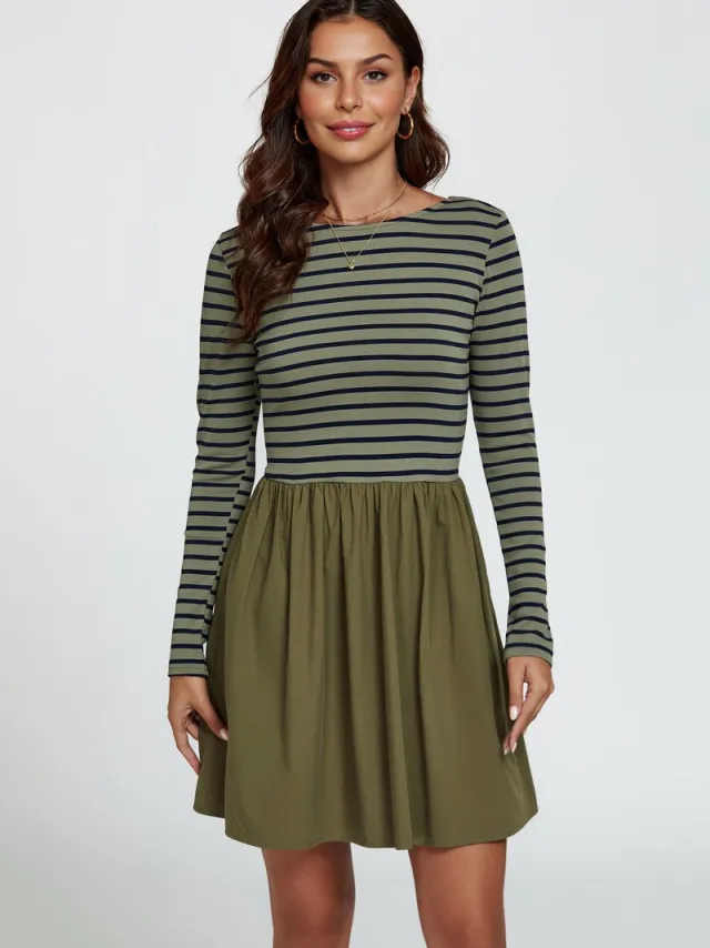 FS Collection Mini-jurk met lange mouwen en strepen in olijfgroen