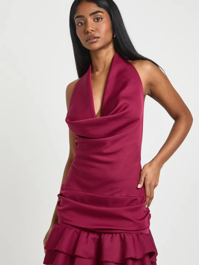 boohoo Dames Halterneck Gerimpelde Drop Zoom Mini Jurk Bordeaux Rood