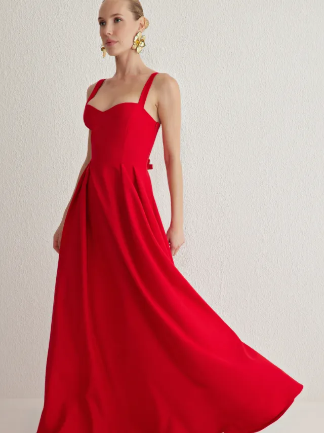 Trendyol TRENDYOLMİLLA Dames Rood Effen Maxi Mouwloos Diploma-uitreiking / Gala Skater Avond & Gala Jurk