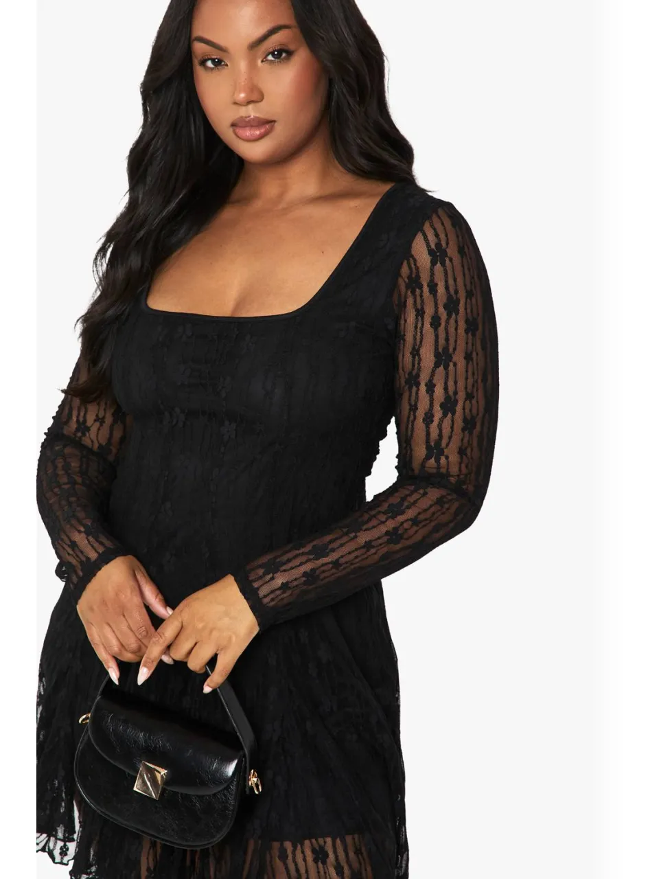boohoo Dames Plus kanten godet mini skater jurk zwart, foto 3