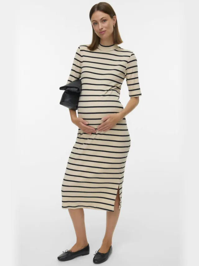 Mamalicious Mllane gestreepte zwangerschaps maxi jurk ecru