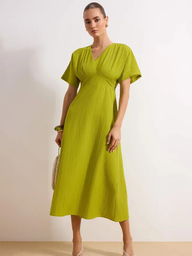 Trendyol TRENDYOLMİLLA Dames Groen Effen Maxi Driekwart mouw Casual A-lijn Jurken