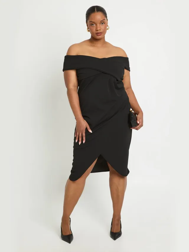 boohoo Dames Plus Wikkel Voorkant Bardot Midi Jurk Zwart