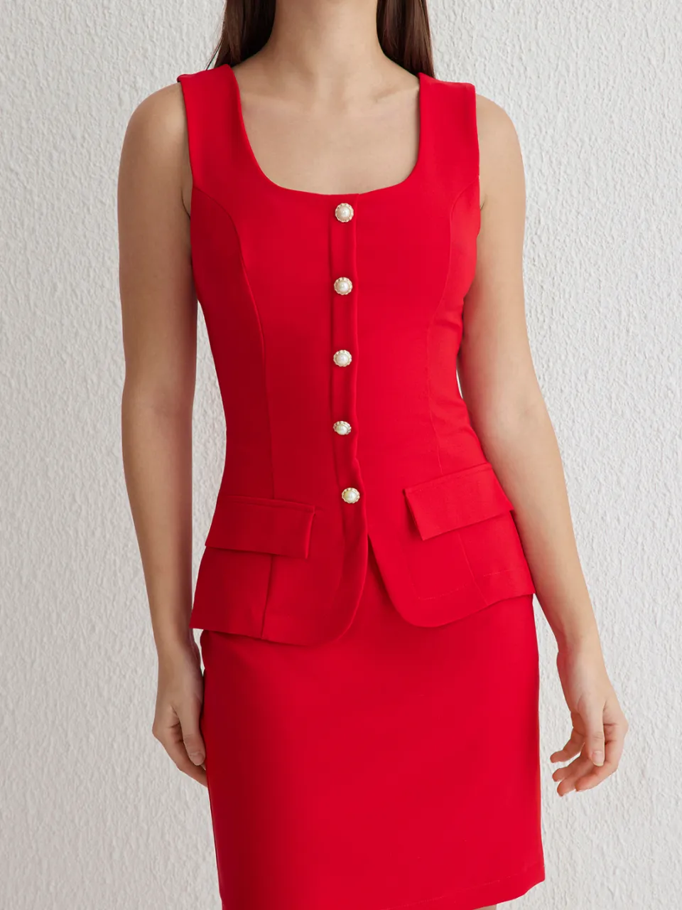 Trendyol TRENDYOLMİLLA Dames Rood Effen Kort / Mini Mouwloos Zakelijk Bodycon Jurken, foto 2