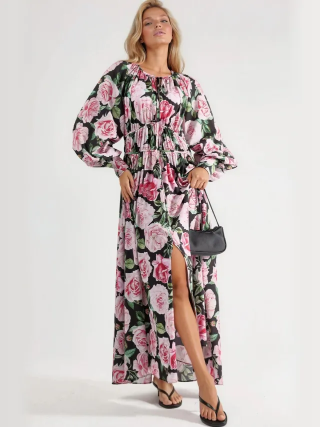 MSN Collection Bloemen Maxi Jurk met Striksluiting Zwart