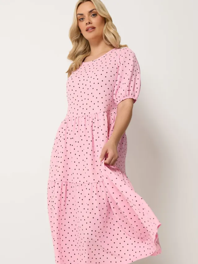 Yours Roze Jurk Met Stippen En Laagjes-56 Pink