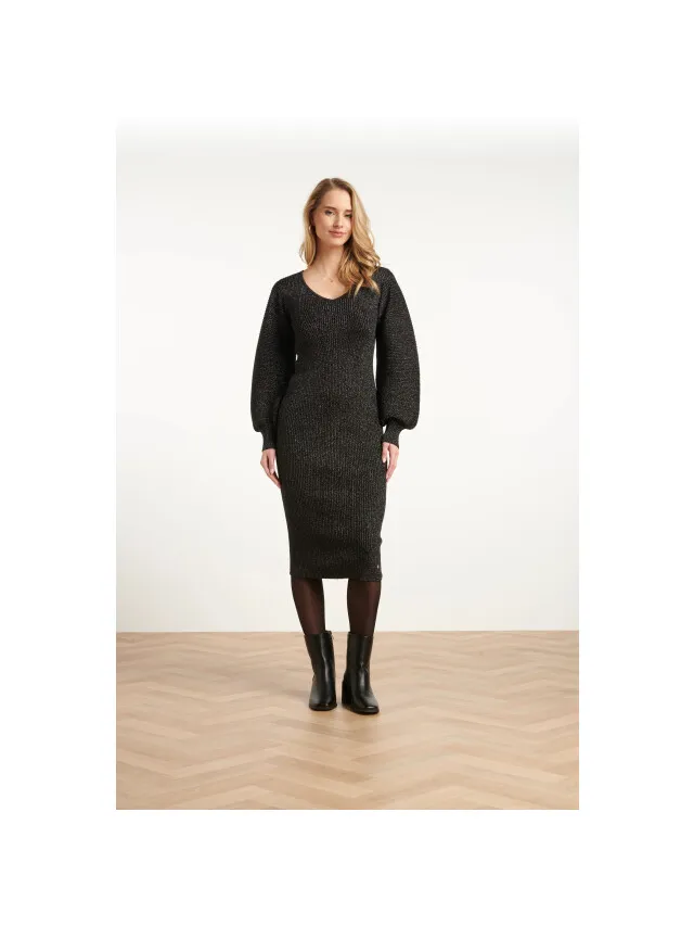 Smashed Lemon Dameslurex gebreide midi jurk Zwart