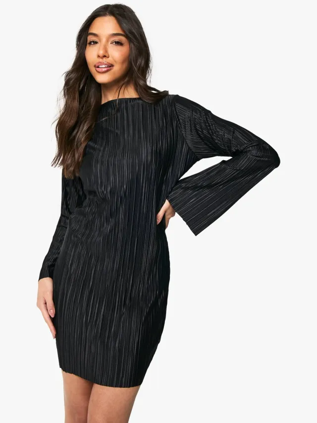 boohoo Dames Plisse Flared lange mouw mini-jurk Zwart