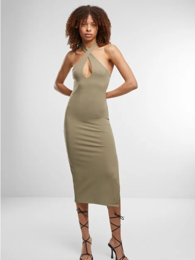 Urban Classics Crossed Neckholder Jurk Dames Midi-jurk - olijf