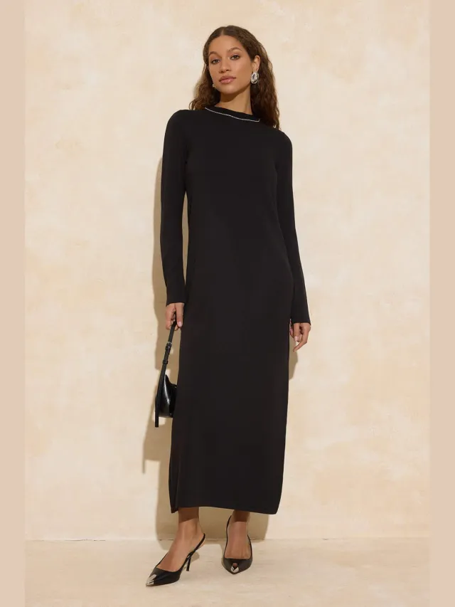 Turkishsouq Dames maxi-jurk, plat model, lang, casual/dagelijks, A-lijn model, geschikt voor hijab Zwart