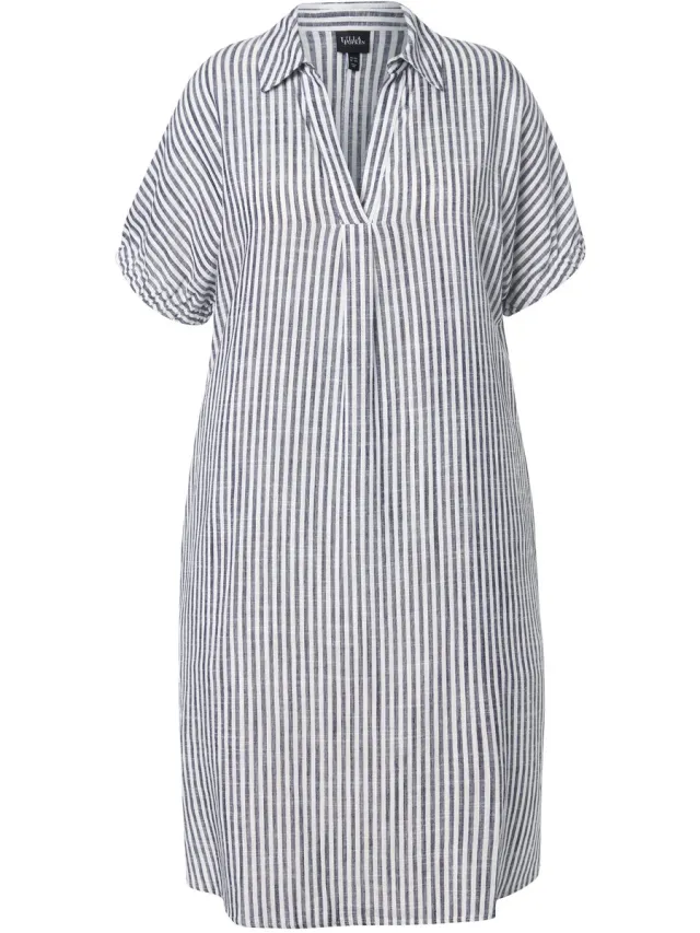 Ulla Popken Dames - Jurk van linnenmix strepen oversized overhemdkraag - Marine - Maat 54+