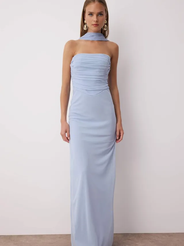 Trendyol TRENDYOLMİLLA Dames Donkerblauw Effen Maxi Mouwloos Diploma-uitreiking / Gala Recht Avond & Gala Jurk