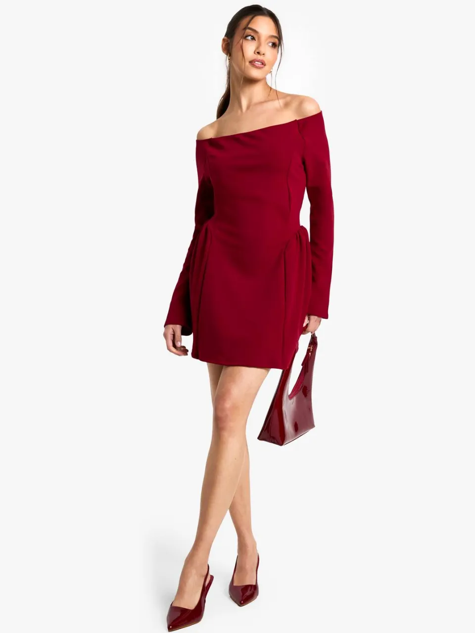 boohoo Dames High Bardot Tie Back Skater Jurk bordeaux rood, foto 3