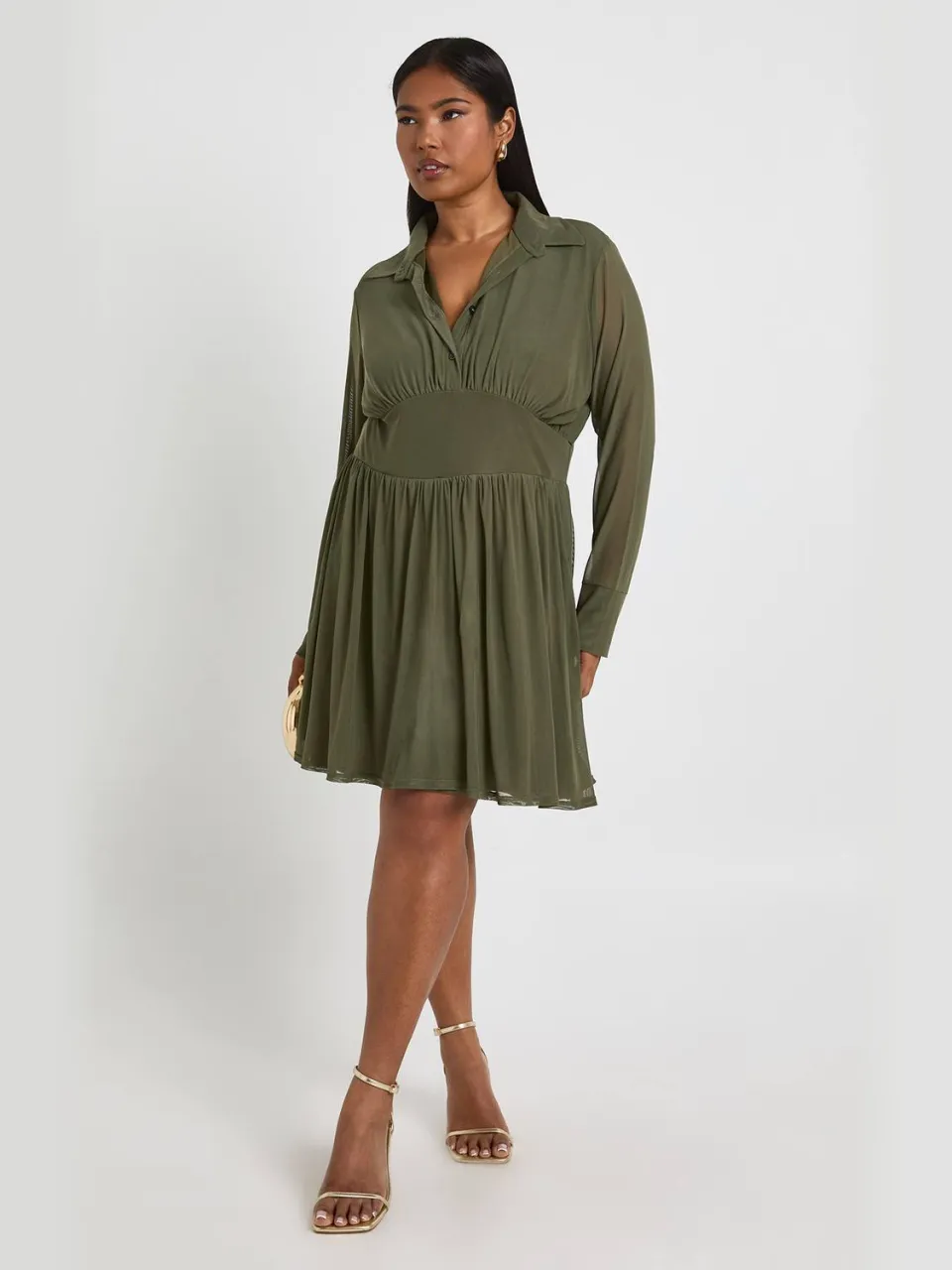 boohoo Dames Plus Mesh Skater Jurk met Kraag kaki, foto 3