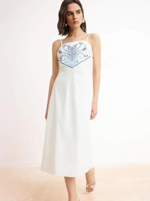 Trendyol TRENDYOLMİLLA Dames Ecru Effen Midi Mouwloos Casual A-lijn Jurken