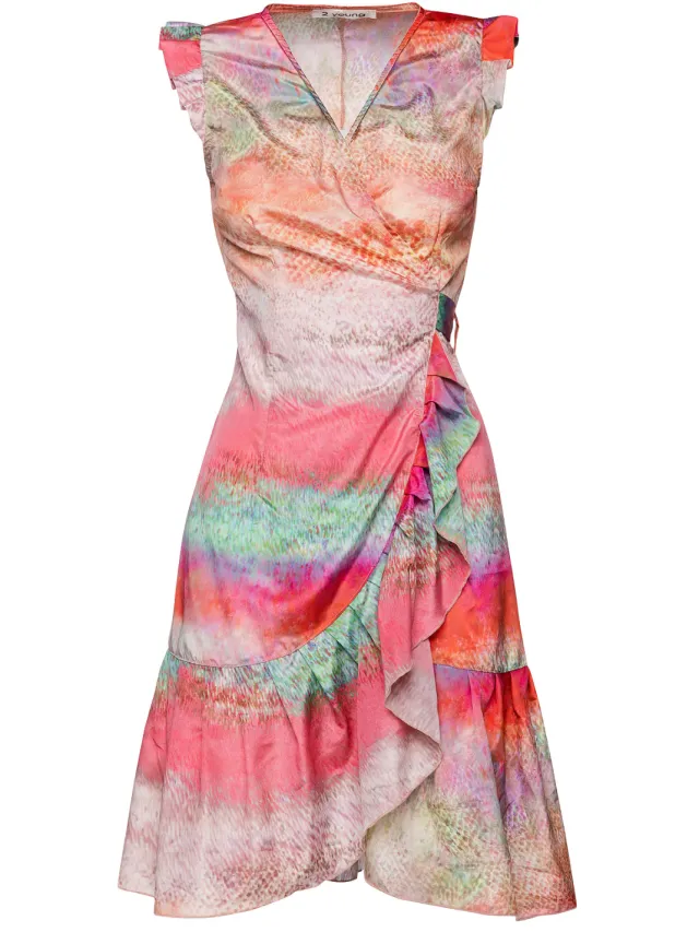 Conquista Sunset Hues Abstract Print Licht Satijnen Jurk Veelkleurig